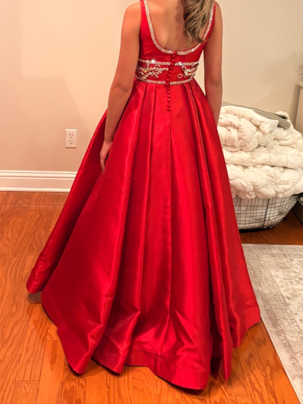 Sherri Hill Red Beaded Waist Satin Ball Gown for Girls - Picture 3 of 3